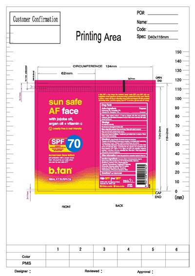 label - b.tan 88mL Sun Safe AF Face SPF70 Tube